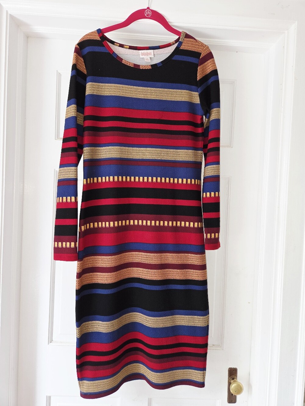 LuLaRoe Elegant Debbie Knit Midi Dress Red Blue Gold Black Stripes size small